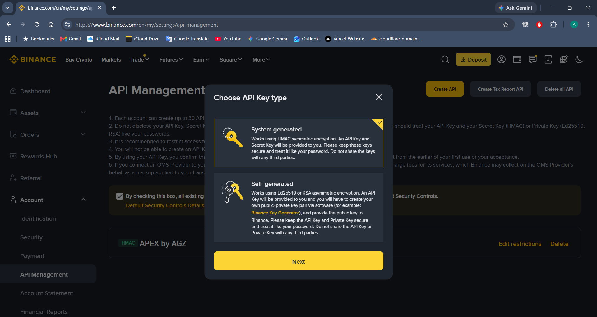 Select System Generated API Key